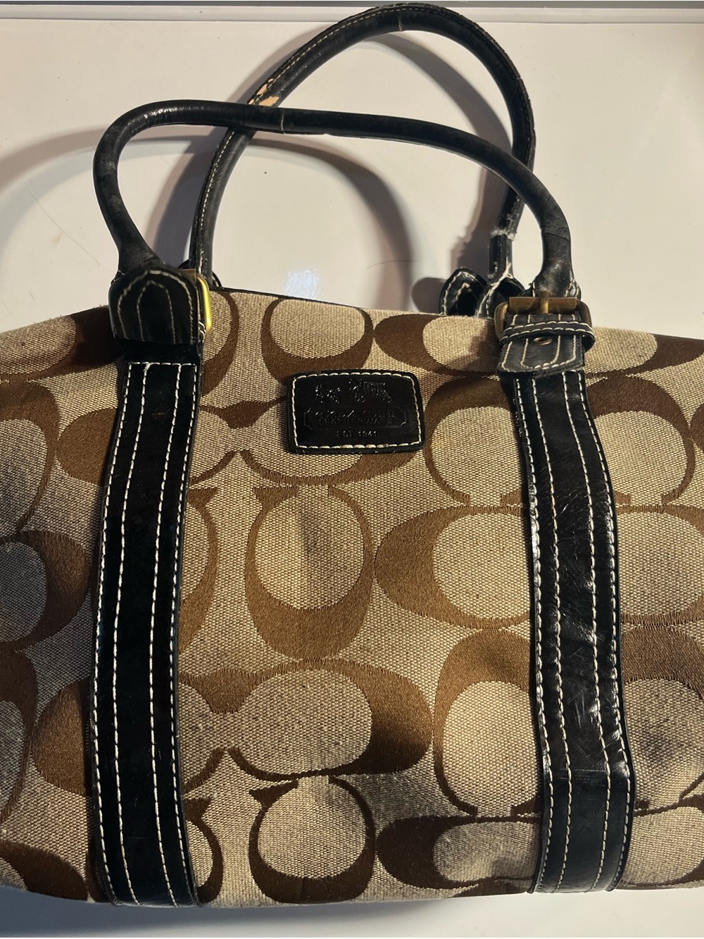 Coach Brown Signature Canvas Shoulder Bag with Black Leather Trim